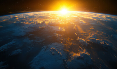 Stunning sunrise over Earth showcasing vibrant clouds and atmospheric glow.