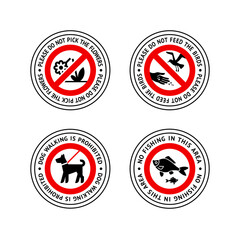 Prohibited label Do not walk here dog, No fishing, Do not feed birds, Do not pick the flowers, forbidding sticker set