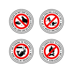 Prohibited label No dog fouling, No fishing, Do not feed birds, No campfires allowed, forbidding sticker set