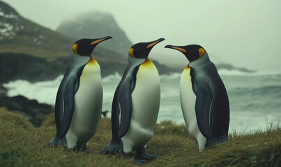 Obraz premium Three king penguins standing on grassy shore near ocean waves and mountains.