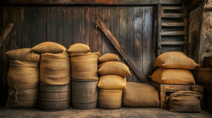 Rustic Storage of Burlap Sacks and Wooden Barrels