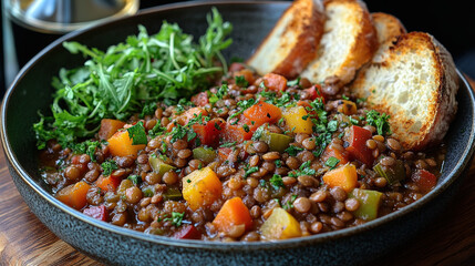 A bowl of hearty lentil stew with vegetables, served with toasted bread and a side of greens