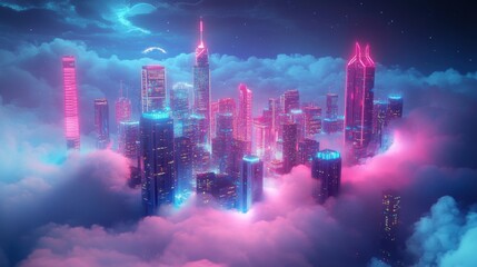 Neon cityscape floating above cloud formations at night.