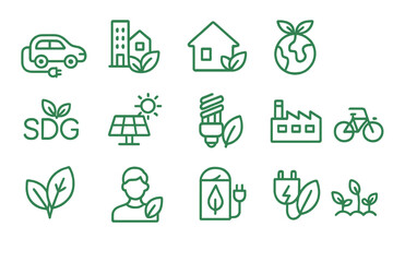 Final vector illustration showcasing sustainable living concepts through diverse eco-friendly symbols and icons in green color