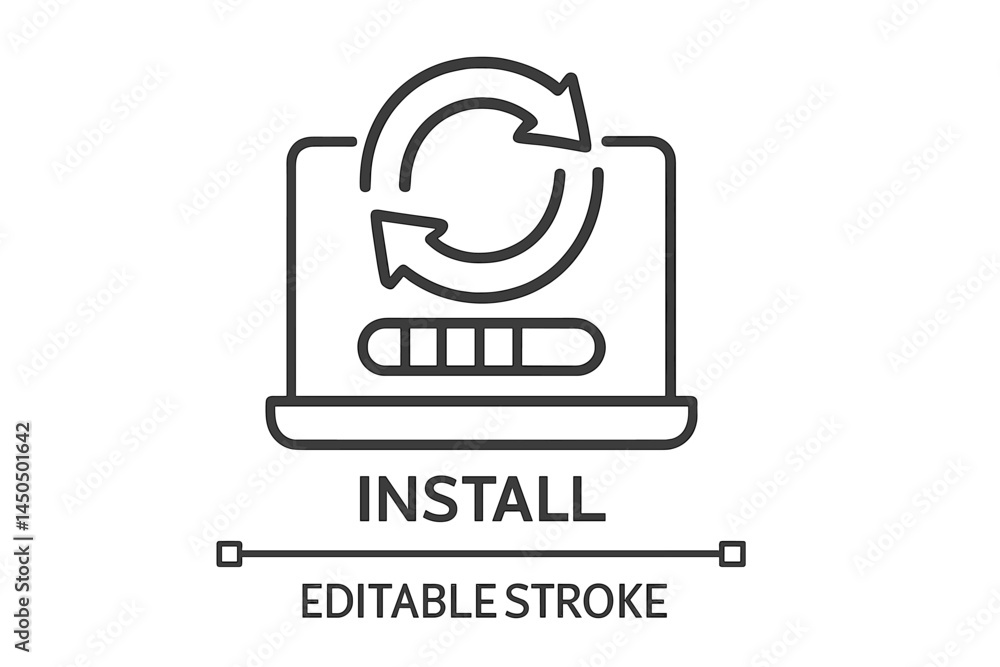 Poster flat vector illustration showing a laptop with an installation progress graphic featuring circular a