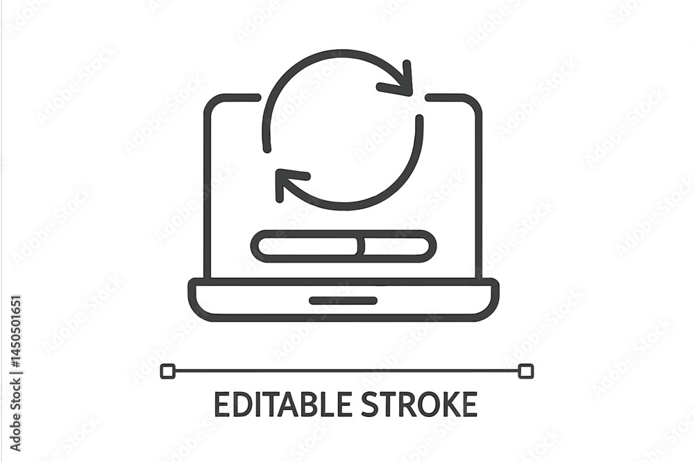 Poster line art illustration of a laptop displaying a refresh symbol, representing digital updates and soft