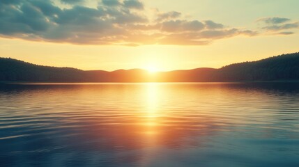 Obraz premium Golden sunset over calm lake and mountains
