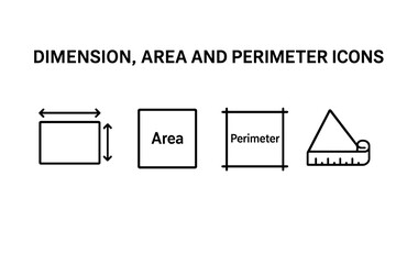 Educational flat vector illustration of dimension, area, and perimeter icons with clear representations of each concept