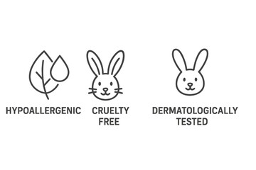 Flat vector illustration of cruelty-free, hypoallergenic, and dermatologically tested symbols for cosmetic products