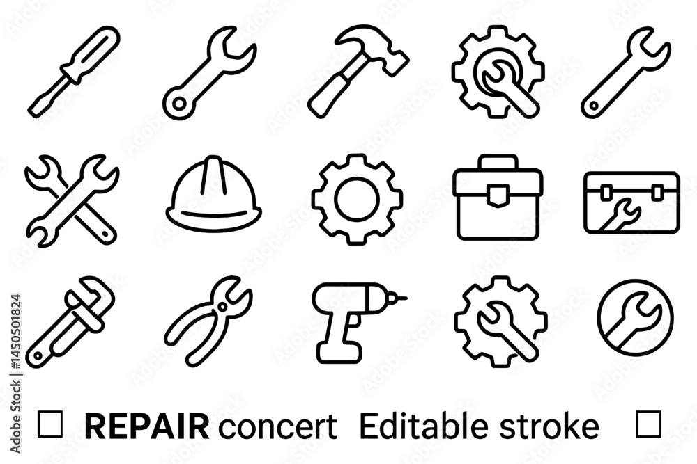Poster collection of flat vector illustrations showing various tools and equipment used for repair work in 