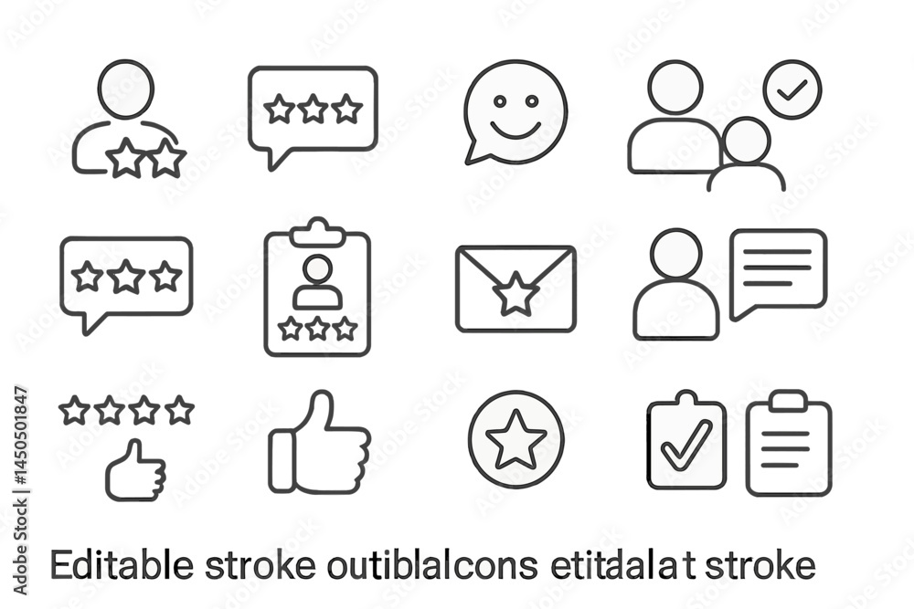 Poster vector illustration of various customer feedback and review icons in a simple design style