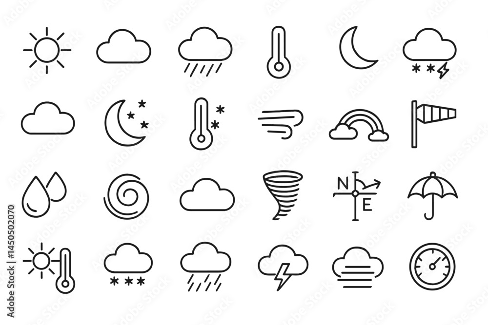Poster collection of flat vector weather icons representing various conditions such as sun, clouds, rain, a