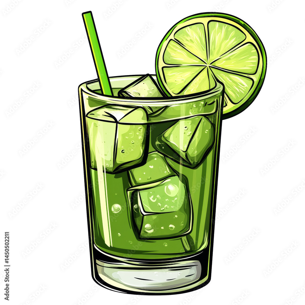 Poster refreshing lime cocktail with ice cubes, isolated on a clean transparent backdrop
