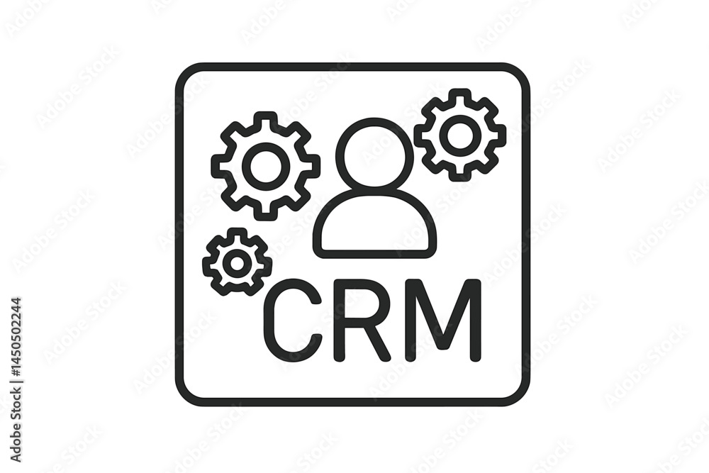 Poster flat vector illustration presenting a customer relationship management system with gears and user ic