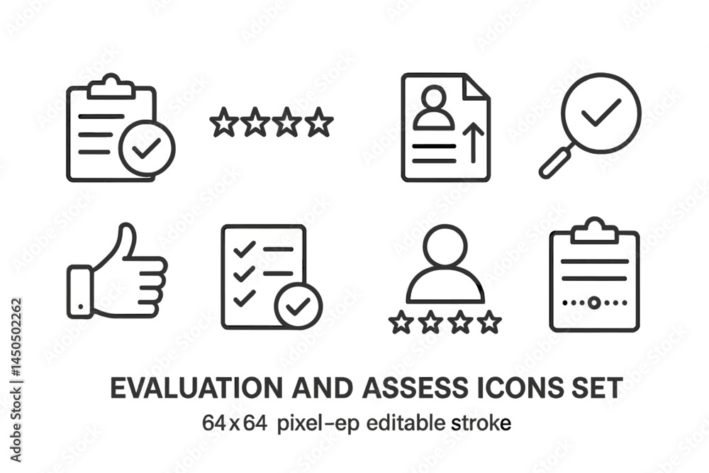 Aufkleber evaluation and assessment icons set featuring checklists, ratings, and verification symbols in a fla