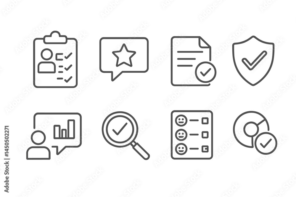 Poster flat vector illustration of various icons representing assessment, evaluation, and data analysis tas