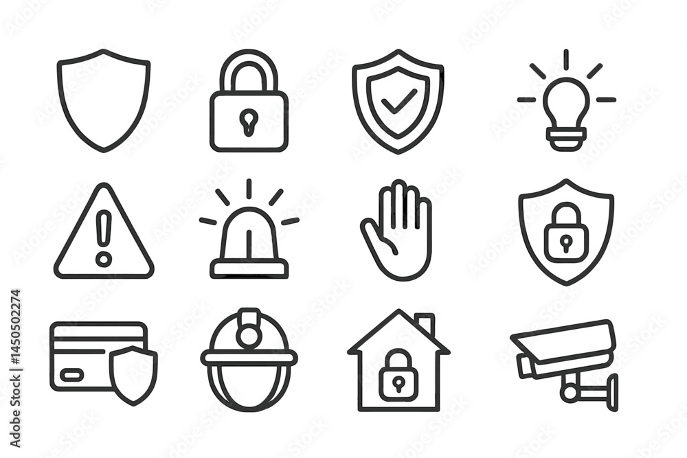 Poster security icons illustrating various aspects of protection, alerts, and monitoring in a flat vector d