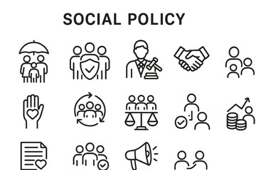 Concepts of social policy illustrated through simple vector graphics showcasing community support and governance