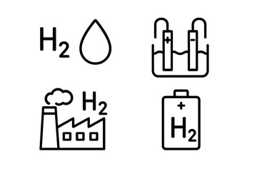 Hydrogen production methods represented in flat vector illustrations showcasing water and battery applications