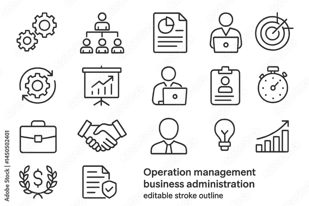 Poster flat vector illustration showcasing key concepts of operation management and business administration