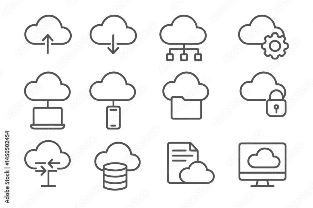 Poster cloud computing icons illustrating data management, security, and connectivity in a digital environm