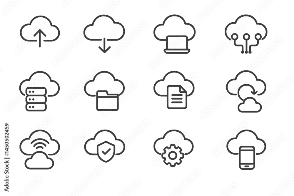 Poster cloud computing icons showcasing various aspects of technology integration and data management in a 