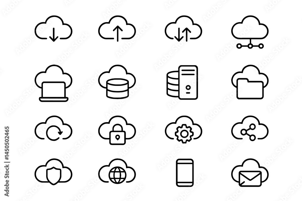 Aufkleber collection of flat vector icons representing cloud computing elements and data management processes 
