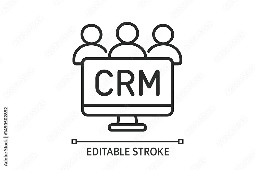 Poster flat vector illustration showcasing a computer with crm text and three people icons representing cus