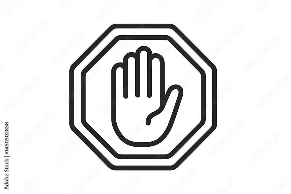 Poster stop sign with hand symbol in flat vector style indicating caution or halt at an unspecified locatio