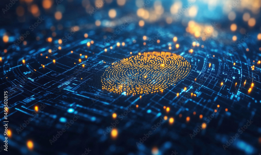 Poster digital fingerprint representation in a futuristic technology landscape with glowing circuits.