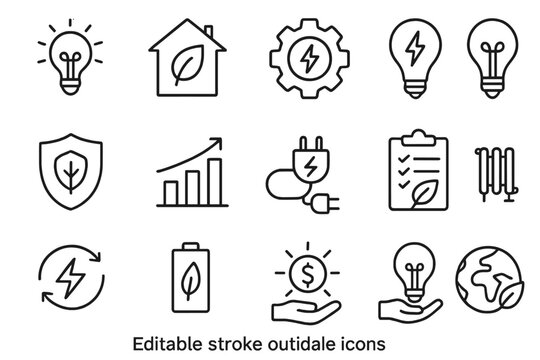 Collection of flat vector illustrations showcasing energy symbols, efficiency icons, and eco-friendly concepts for design purposes