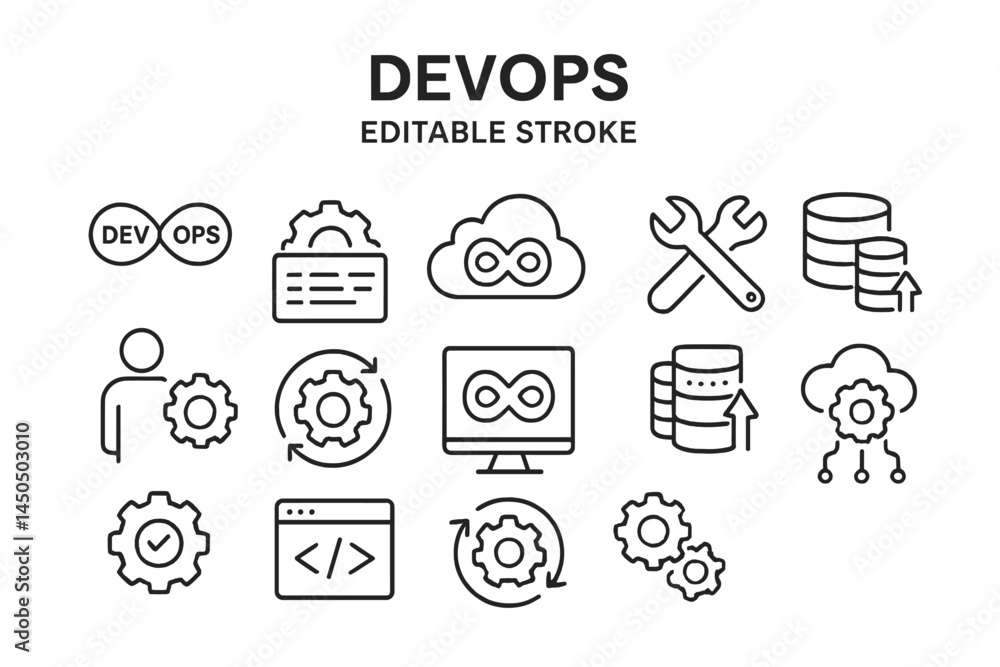 Poster flat vector illustration showcasing devops concepts with icons and symbols related to collaboration,
