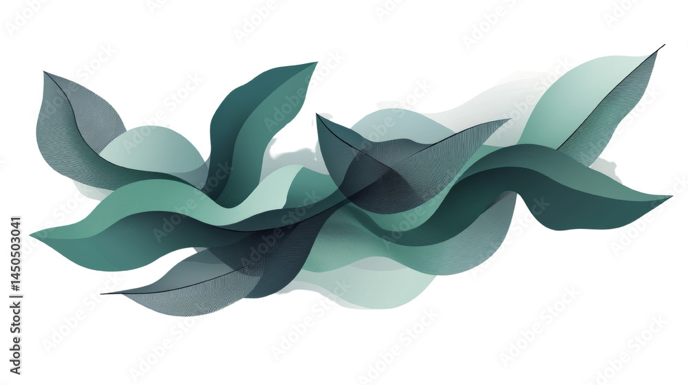 Poster abstract arrangement of layered teal and white forms on an isolated transparent stage