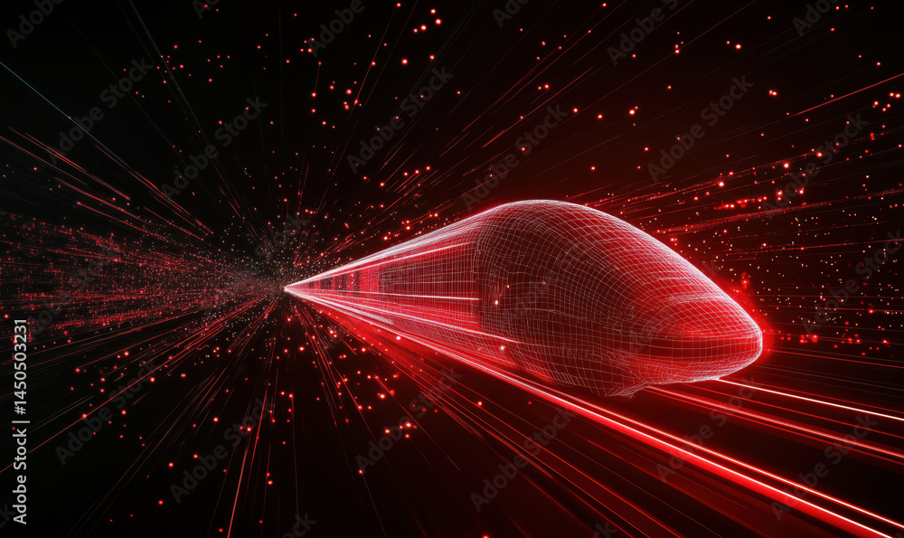 Aufkleber futuristic high-speed train concept in red wireframe with dynamic light trails.