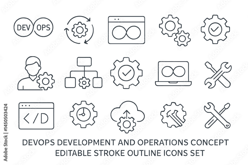 Poster devops development and operations icons set featuring tools, processes, and teamwork in a flat vecto