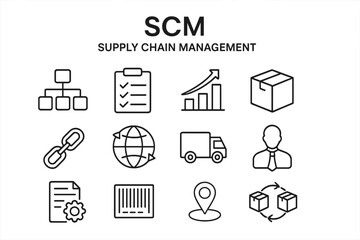 Illustration of supply chain management concepts featuring icons related to logistics, tracking, and organization in business processes