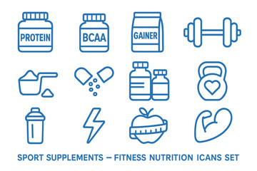 Fitness nutrition icons showcasing sport supplements, workout gear, and health essentials for an active lifestyle