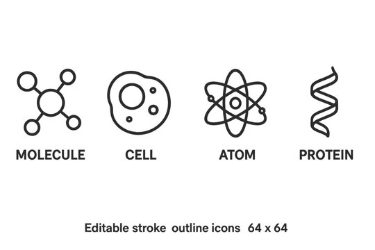 Flat vector illustration featuring basic scientific concepts of molecule, cell, atom, and protein for educational purposes