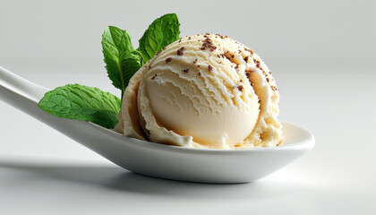 Single scoop of vanilla ice cream garnished with chocolate shavings and mint leaves on a white spoon with copy space