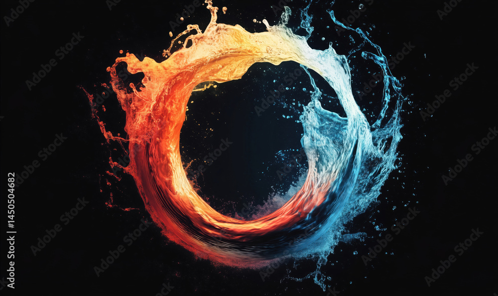 Poster dynamic circular splash of red and blue water creating vibrant visual contrast.