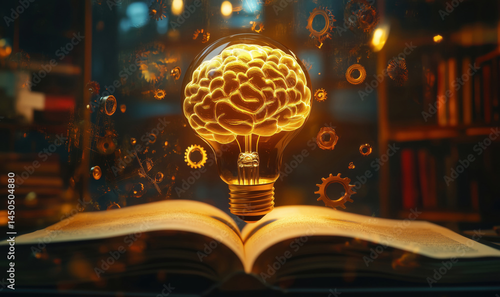 Aufkleber illuminated brain inside light bulb above open book symbolizing knowledge and creativity.