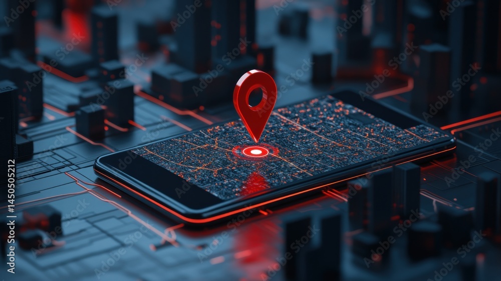 Poster digital city map on smartphone with red pin marker location indicator