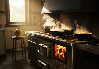 A rustic kitchen scene showcases a glowing wood-fired stove with various pots and inviting steam.