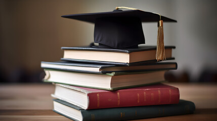 A graduation cap resting on a stack of books on a wooden table.