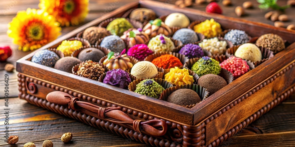 Poster A Wooden Box Filled with an Array of Colorful Handmade Sweets, an Exquisite Presentation of Delicate Delights