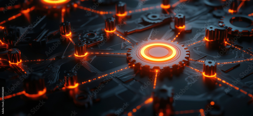 Poster futuristic network technology with glowing gears and circuits in dark environment.