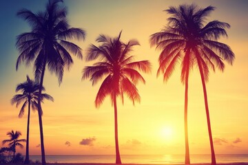 Silhouettes of palm trees against a vibrant sunset over a tranquil beach.  Golden hues paint the sky, creating a serene and tropical ambiance