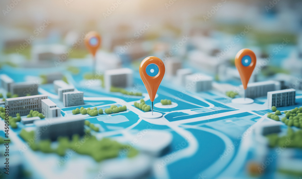 Poster 3d map with location pins representing urban areas and navigation points.