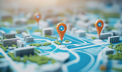 3D Map with Location Pins Representing Urban Areas and Navigation Points.