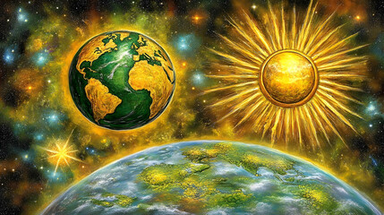 Artistic cosmic scene earth and sun in vibrant colors